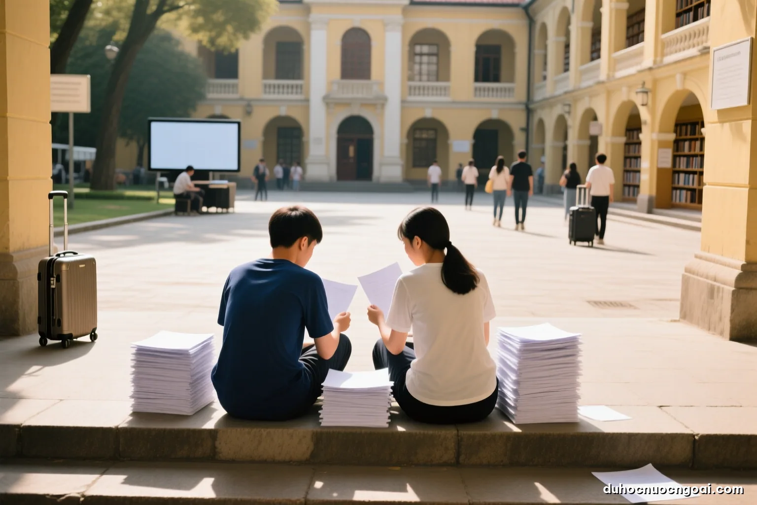 Two Vietnamese students seen from behind sitting on stone steps of a European university courtyard, sorting stacks of blank paper forms in afternoon sun, wide shot