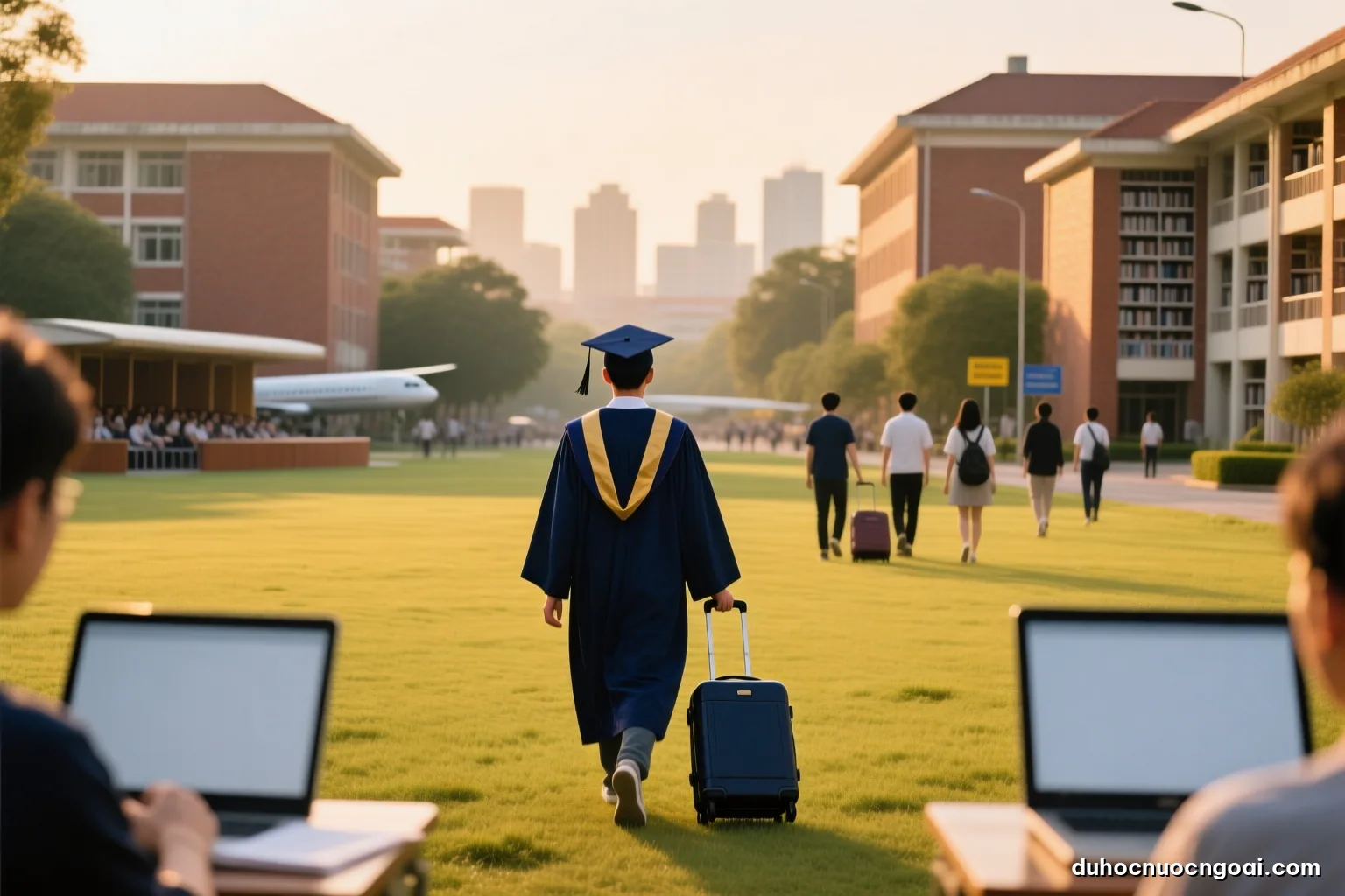 Young graduate in a dark gown walking alone across a wide university lawn at golden hour, seen from behind, distant brick buildings, navy and warm gold tones