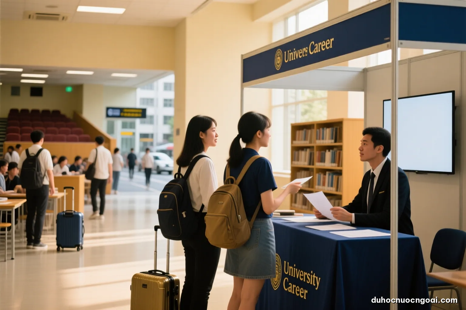Two students talking with a recruiter at a university career fair booth in a bright hall, seen from the side at a distance, faces not visible, navy and gold tones